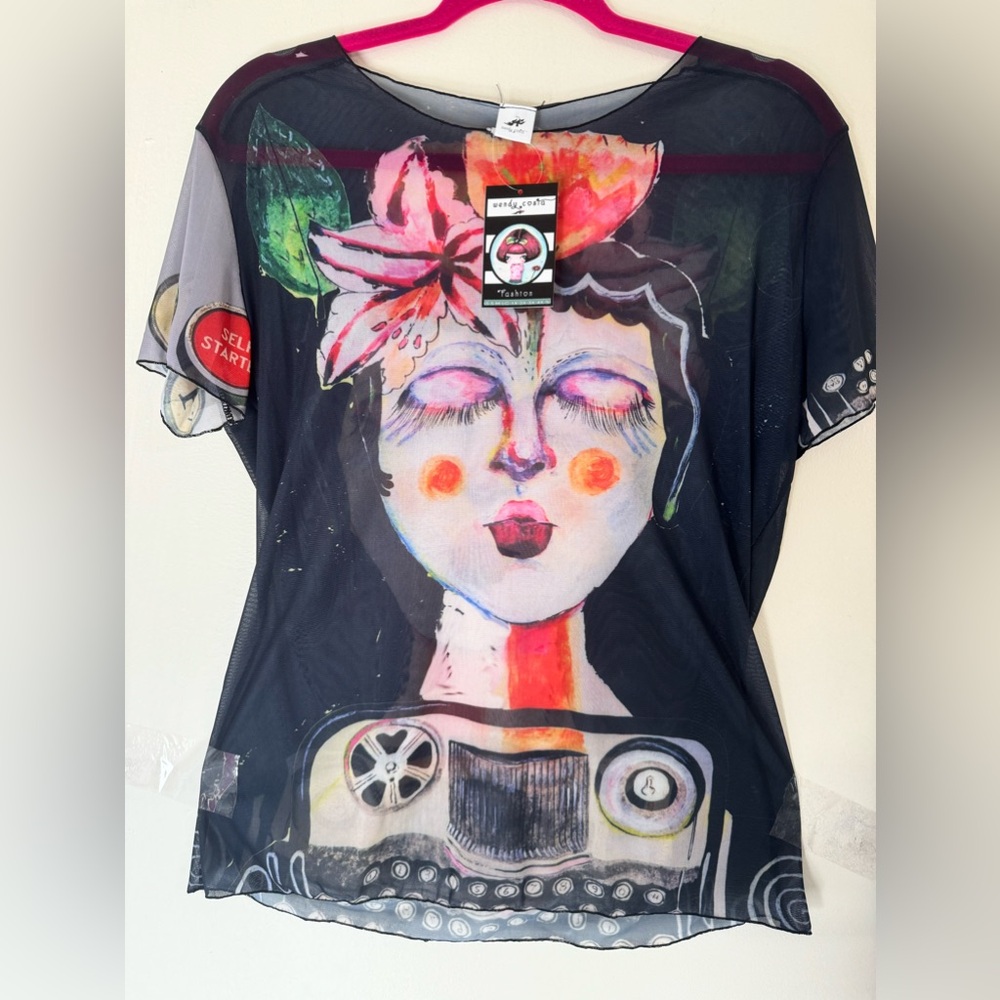 Typewriter girl short sleeve mesh top plus size hand painted design